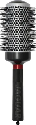 A professional studio shot of a round hairbrush.