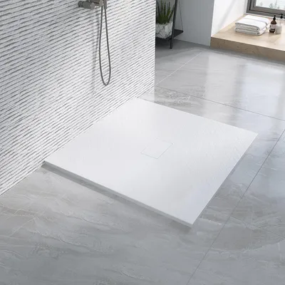 Produktbild von AQUABATOS Duschwanne 100x100 cm – weiße rutschfeste Duschtasse, 2,6 cm hoch, SMC-Glasfaser mit Steinoptik, zuschneidbares Design