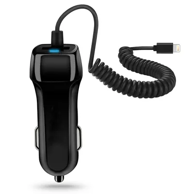 A black car charger with a coiled lightning cable attached.