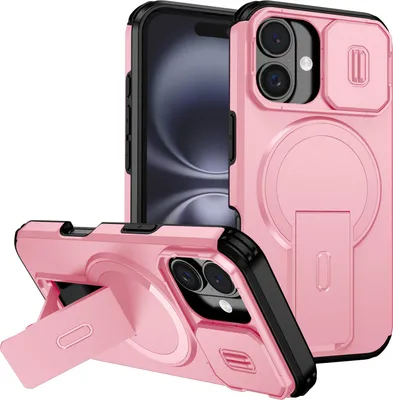 Image de Étui magnétique pour iPhone 16, étui durable à deux couches avec protection coulissante de l'appareil photo et support réglable Rose