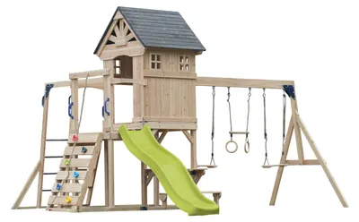 Produktbild von AXI Duncan Spielturm aus Holz mit 2 Schaukeln & Rutsche in Hellgrün | XXL Spielhaus / Spielplatz für Kinder mit Klettergerüst, Kletterstangen &