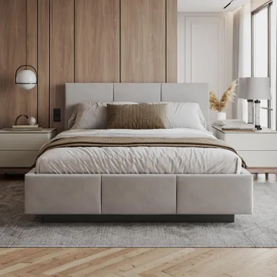 Produktbild von FDM Bett ALMADA Trinity 160x200 cm Polsterbett mit Lattenrost aus Metall Bettkasten Stauraumbett Samt grau