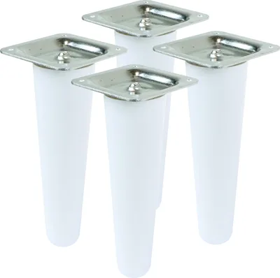 Four white furniture legs with silver mounting plates are arranged in a group against a white background.