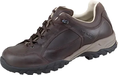A single brown hiking shoe is shown against a white background.