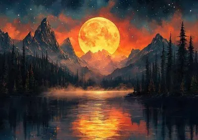 Produktbild von Diamantmosaik "Goldener Mond vor Bergkulisse", 30x40 cm, kreative Diamanten