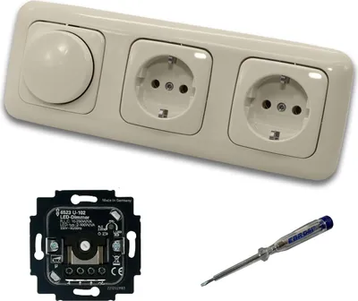 Produktbild von Busch Jäger 6523U-102 LED Drehdimmer Dimmer + Dimmerscheibe 2115-212 und 2 x Steckdose 20EUC-212 in DURO2000 cremeweiß glänzend inklusive EBROM Phasenprüfer zur Montage der Geräte 6523 U – 102