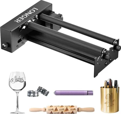 Image de Accessoires pour graveurs laser - Rouleau rotatif axe Y - Rotation à 360° - Réglable Ø 6–300 mm - Grande surface de travail - Pour gravure cylindrique - Noir