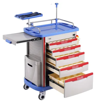 Image de Chariot de laboratoire VEVOR Chariot auxiliaire de laboratoire 5 étages, chariot médical mobile en PP, avec 4 roues silencieuses & 5 tiroirs, chariot de laboratoire Chariot de salon pour laboratoire, clinique, hôpital, salon, bleu