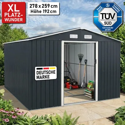 Produktbild von BRAST Gerätehaus Geräteschuppen Metall | 278x259x192 | Satteldach | Gartenhaus mit Doppelschiebetür | Anthrazit | wetterfest wasserdicht