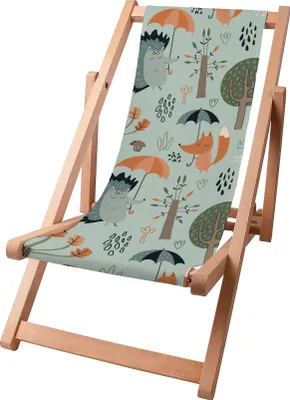 A wooden deck chair with a fabric seat featuring a whimsical forest animal print.