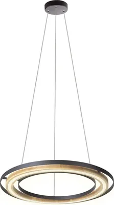 A modern pendant light with two interlocking rings, suspended from the ceiling.
