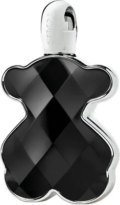 A black, faceted perfume bottle shaped like a teddy bear with a white cap.