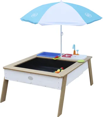 Produktbild von AXI Linda Sand & Wassertisch aus Holz mit Spielküchenspüle | Matschtisch / Spielküche / Wasserspieltisch / Sandtisch für Kinder in Braun & Weiß mit Sonnenschirm