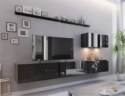 Zdjęcie produktu dla Meblościanka Borneo FMB7- Czarna - bez led, nowoczesna, połyskująca