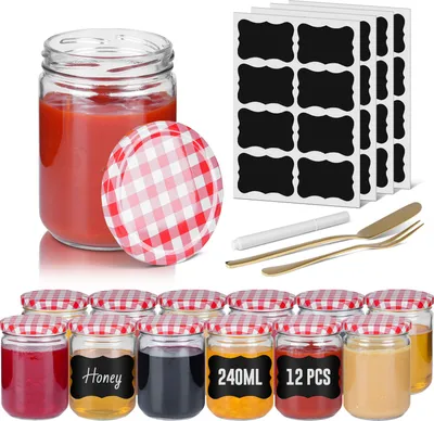 Image de XMTECH Set de 12 bocaux en verre 240 ml - bocaux à vis avec couvercle à carreaux rouges, étiquettes et stylo inclus