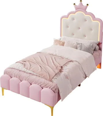 Produktbild von Prinzessinbett mit Lattenrost und LED-Beleuchtung, Mädchenbett, Polsterbett für Mädchen, Einzelbett, Kunstleder, 90x200 cm