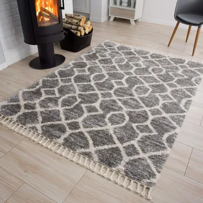 Image de Tapis Salon Chambre Gris Tapis à poils longs Franges Boho Zig Zag Rayures 160 x 220 cm