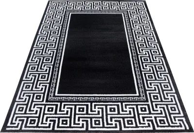 A black rug with a white geometric border is shown from a slightly elevated angle against a white background.