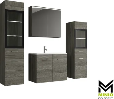 Zdjęcie produktu dla Minio, łazienka "MARIT 2", zestaw mebli łazienkowych, z oświetleniem LED, z umywalką, kolor dąb bodega
