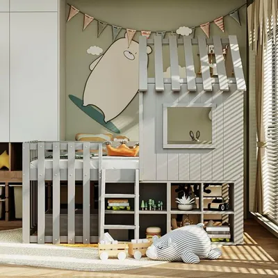 Immagine prodotto di Letto a soppalco 90x200 cm, lettino per bambini con tetto e finestra | Senza materasso, letto in legno con spazio contenitivo aperto, lettino a casetta con scaletta, letto per bambini e adolescenti, colore grigio