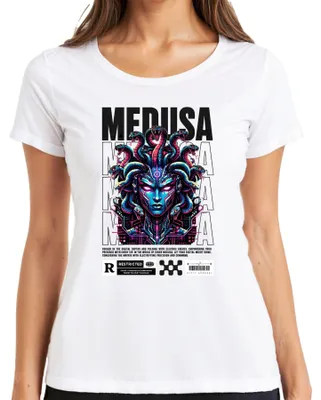 Zdjęcie produktu dla Koszulka damska, biała, rozmiar M, motyw: Medusa, wąż, cyberpunk, Gorgona, neon, mitologia grecka