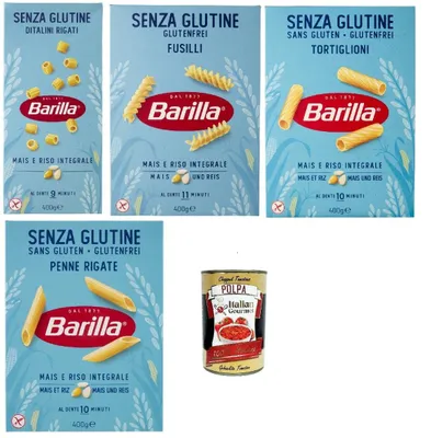 Produktbild von Barilla Senza Glutine Pasta Mix – 4 × 400 g (Ditalini, Fusilli, Tortiglioni, Penne Rigate) aus Mais & Vollkornreis, al dente 9–11 Min., Suppen & Saucen, Italy + Italian Gourmet polpa