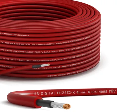 Obrázek produktu pro 20 m solárního kabelu H1Z2Z2-K, 4 mm², fotovoltaický kabel pro fotovoltaické systémy, červený