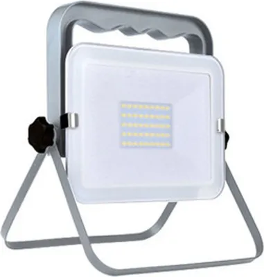 A white LED floodlight with a gray stand and handle, shown against a white background.