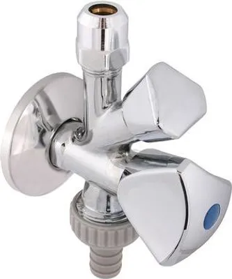 A chrome-plated combination angle valve with two handles and a hose connection.