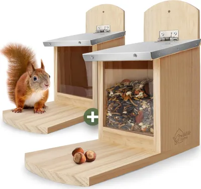 Produktbild von WILDLIFE HOME Eichhörnchen Futterhaus mit Metalldach 2 Stück I Futterstation aus verschraubtem Massiv-Holz I Wetterfest & Unbehandelt I Eichhörnchenhaus für Eichhörnchenfutter