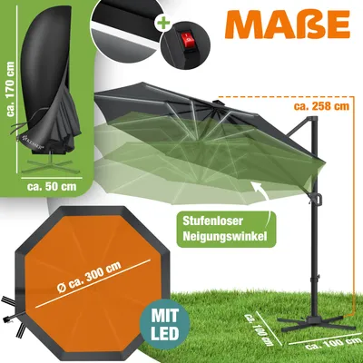 Image de Parasol KESSER® pour pergola, modèle SUN, diamètre 330 cm, réglable en 7 positions, rotation à 360°, avec housse de protection