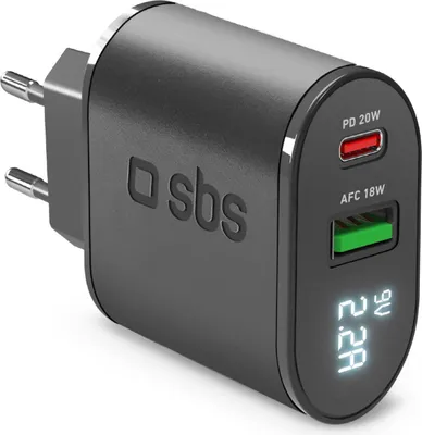 Produktbild von SBS PD Reiselader 20W USB-C/USB m. Display schwarz