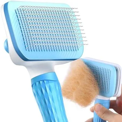 Produktbild von PolkaHome® Haustierbürste, selbstreinigende Slickerbürste für Hunde und Katzen, entfernt Verfilzungen und loses Haar, Blau
