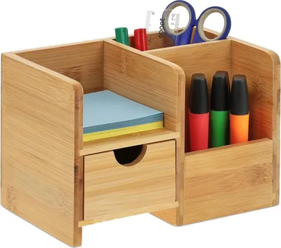 Produktbild von Schreibtisch-Organizer, Schublade und Ablagefläche, 2 Fächer, Bambus, Stiftehalter, H x B x T: 14 x 20,5 x 13 cm, Natur