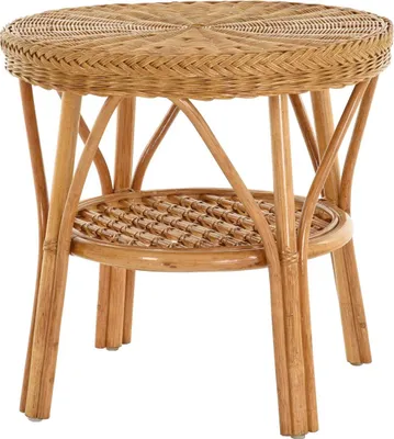 A rattan side table with a round top and a lower shelf.