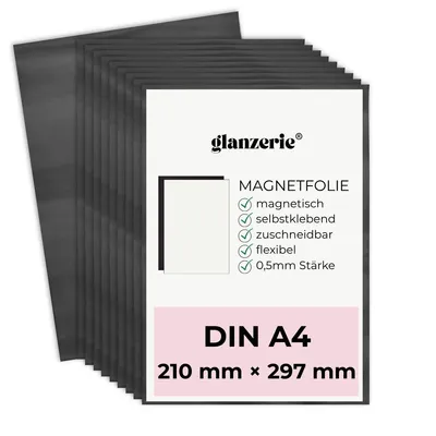 Produktbild von 10x Magnetfolie A4 | flexibel zuschneidbar für Fotomagnete | selbstklebende Vorderseite und magnetische Rückseite