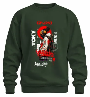 Zdjęcie produktu dla Bluza z kapturem w stylu cyberpunk, inspirowana Japonią, motyw samurajski, streetwear, styl Y2K, futurystyczny, kolor butelkowej zieleni, rozmiar XL