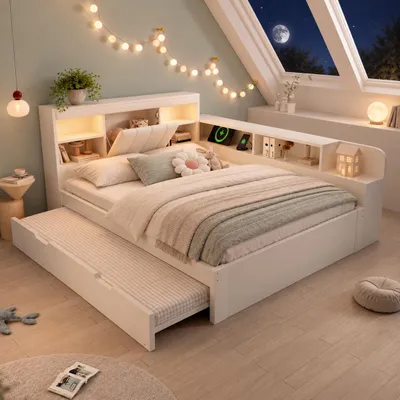 Imagen del producto de Cama tapizada Merax, modelo sofá-cama, tamaño 140x190 cm. Incluye cama extraíble, lámparas de lectura, estación de carga USB y tipo-C, cabecero de poliuretano con espacio de almacenamiento, color blanco, Imagen generada por IA