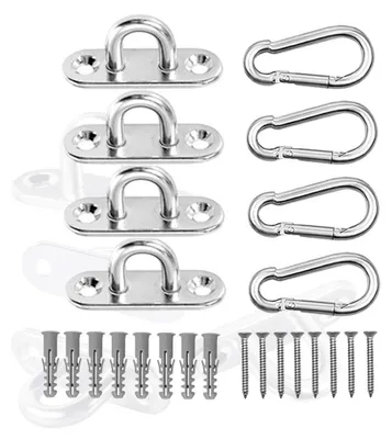 Produktbild von Deckenhaken-Set – 4 Deckenhaken, 4,5 cm – 4 Karabinerhaken, 5 cm – Edelstahl – Langlebig – Inklusive Schrauben/Dübel – Haken-Set