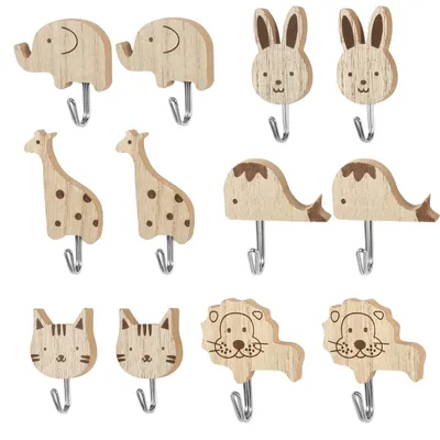 12er Set süße Tier-Kleiderhaken aus Holz, selbstklebend