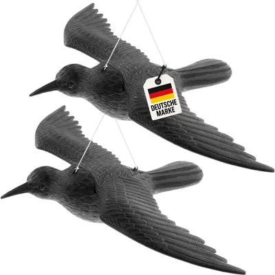 Produktbild von 2x WELLGRO Vogelschreck Krähe – Raben Attrappe zur Vogelabwehr & Taubenabwehr – 2x fliegend – schwarz, Kunststoff – für Balkon & Garten