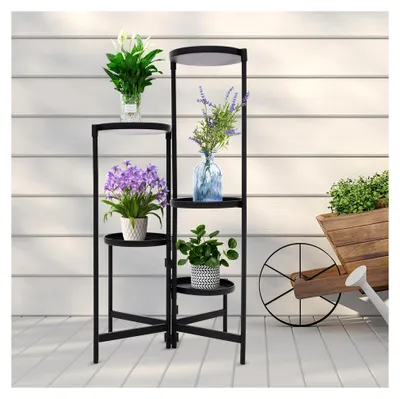 Produktbild von 5-stufiger Metall Blumenständer, mehrstöckiger Pflanzenständer für Balkon, Pflanzenregal mit 9 kg Tragfähigkeit pro Ebene & 19,7 cm Tablett, Blumenregal für Gärten und Innenräume, Schwarz