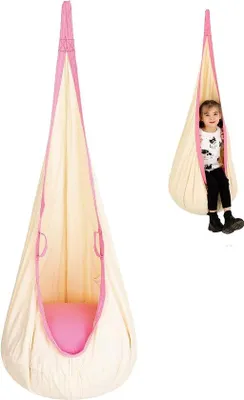 Produktbild von Unyqoos® Kinder-Hänghöhle aus Baumwoll-Canvas mit PVC-Sitzkissen, Ø70×150 cm, Seitentasche & Doppelgriffe, bis 80 kg, für Innen/Außen, inkl. Kissen+Pumpe+Haken