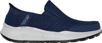A side view of a blue Skechers slip-on shoe with a white sole.