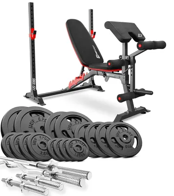 Obrázok produktu pre Multifunkčná posilňovacia lavička Hop-Sport HS-1095 - so stolom na krútenie - vrátane sady liatinových činiek 116 KG - činka, tyč na krútenie a činka, závažia