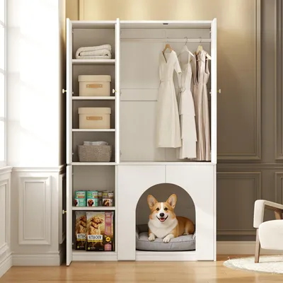 Produktbild von Flieks Kleiderschrank mit Haustierbereich, Garderobe Aufbewahrungsschrank mit Kleiderstange, Hochschrank 120x50x200 cm, Weiß