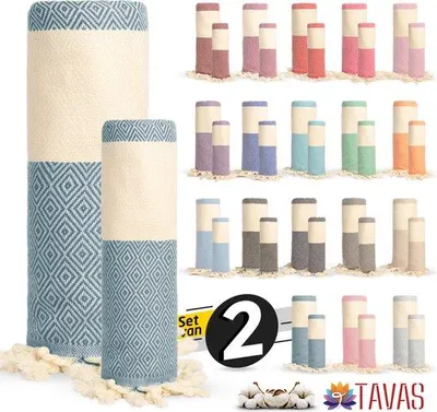 Produktbild von Unyqoos® Hamamtuch-Set 2-teilig – Hamamtuch 100×180 cm & Handtuch 50×90 cm, 100% Baumwolle, Petrolgrün, Diamantmuster, Geschenkbeutel, Strand & Sauna
