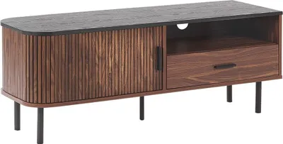 Produktbild von BELIANI TV-Möbel Dunkler Holzfarbton / Schwarz zusätzlichen Stauraum mit Schiebetürschrank und Loch für Kabel Rechteckig Wohnzimmer Retro-Stil