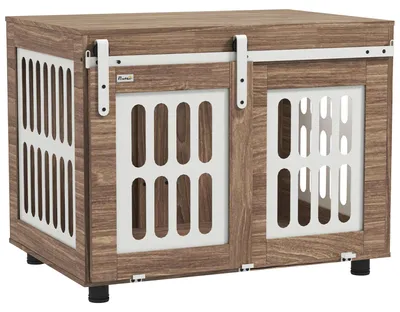 Image de Meuble pour chien - Table d'appoint pour chien - Pour intérieur - Porte coulissante horizontale - Pour chiens de taille moyenne - 80x59x63 cm - Noyer