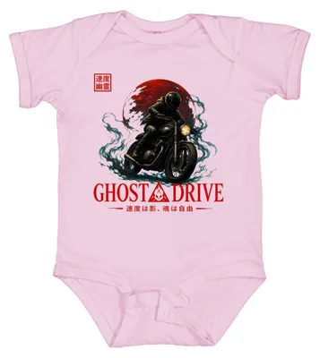 Immagine prodotto di Body per neonato a tema motociclistico "Ghost Drive", stile giapponese, ideale come regalo per appassionati di moto, anni '2000, colore rosa, taglia 6/12 mesi